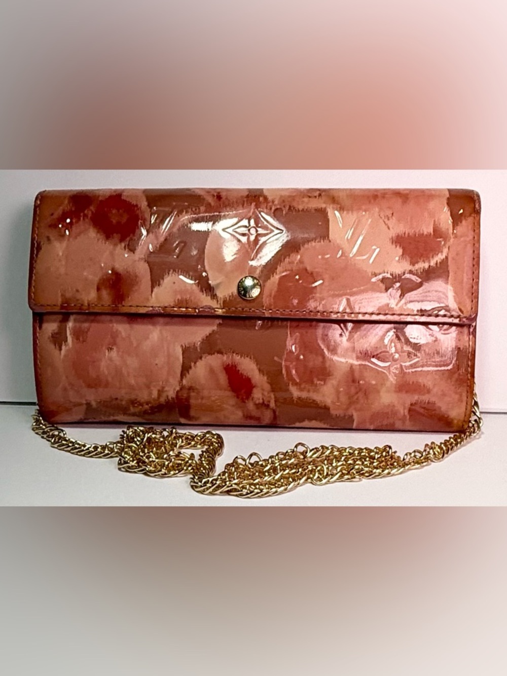 Louis Vuitton Pink Vernis Long Wallet on Chain Clutch Pochette Patent Leather